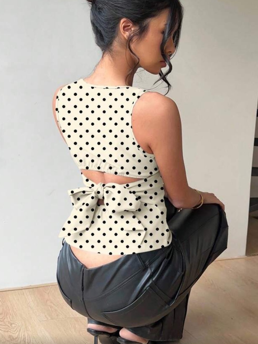 Sleeveless White Polka Dot Bow-Back Top